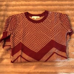 Geometric Knit Crew Neck Sweater Burgundy/Beige